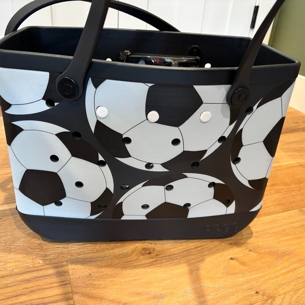 Bogg Bag Large Soccer Print Tote Black White Sports Mom Pool Beach Bag
